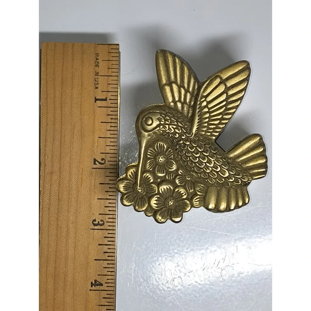 Metal Hummingbird, Flowers Trinket Ring Jewelry Box Gold Tone Red Velvet Lining